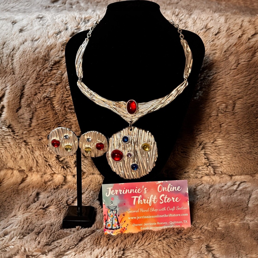 Vintage Style Textured Silver Multi Color Cabochon‎ Collar Necklace Earring Set